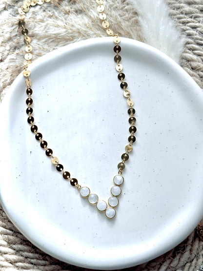 Rainbow Moonstone + Gold V-Shaped Sequin Necklace