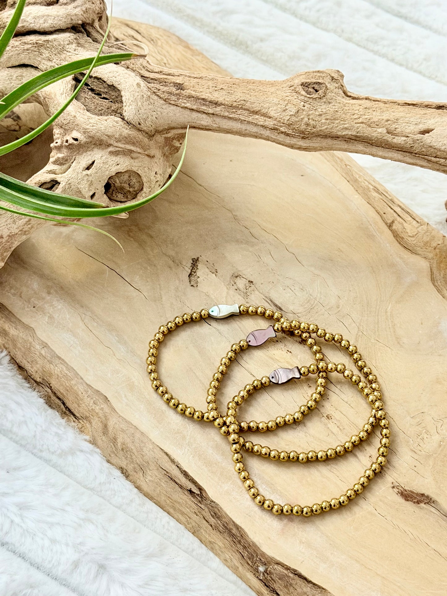 Mother of Pearl Fish + Gold Stainless Steel Bracelet