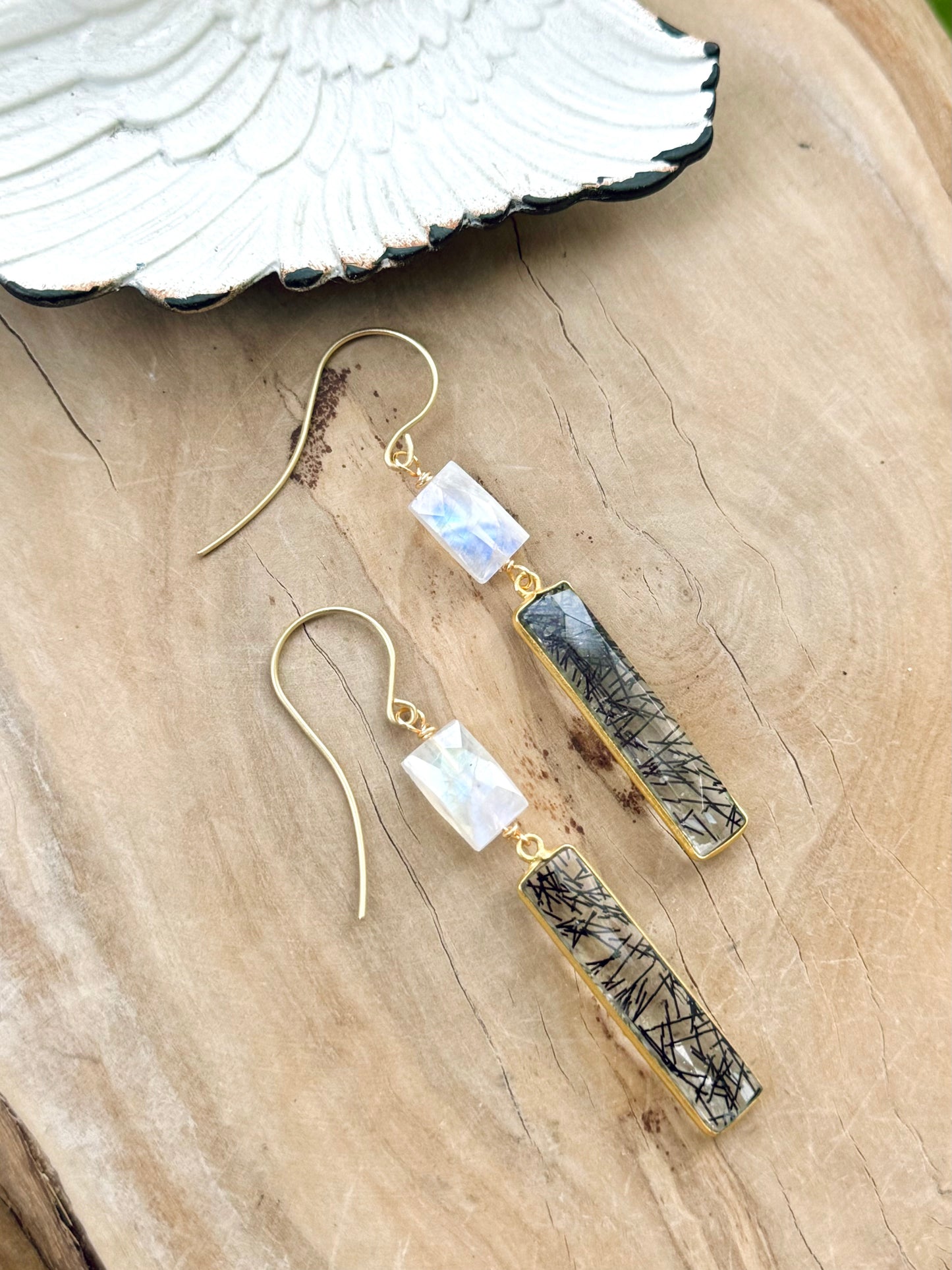 Tourmaline Quartz + Moonstone Gold Drop Earrings