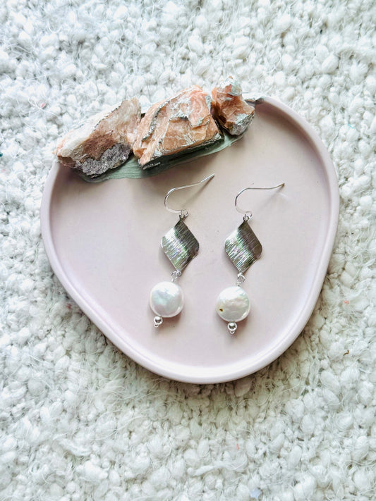 Freshwater Pearl + Silver Swirl Earrings