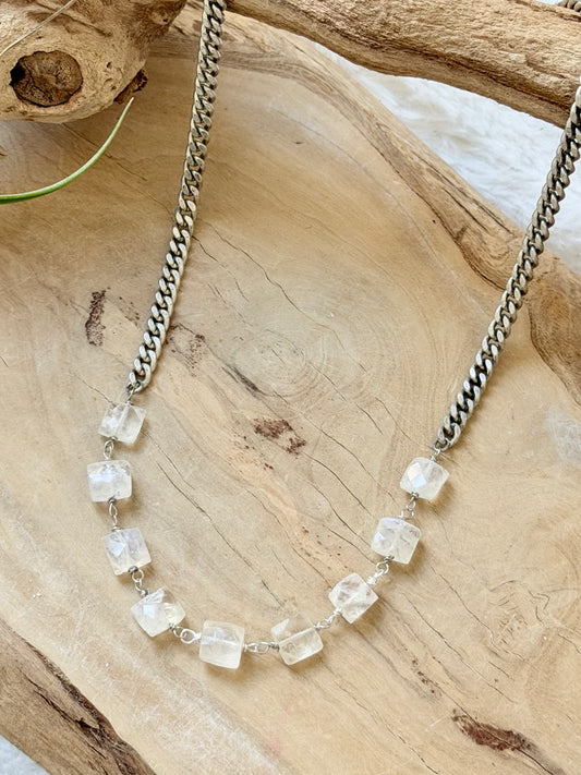 Rainbow Moonstone + Antique Silver Necklace