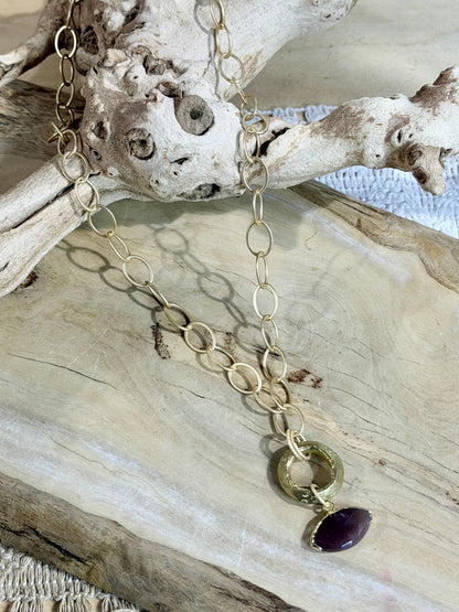 Chocolate Moonstone Evil Eye + Matte Gold Necklace