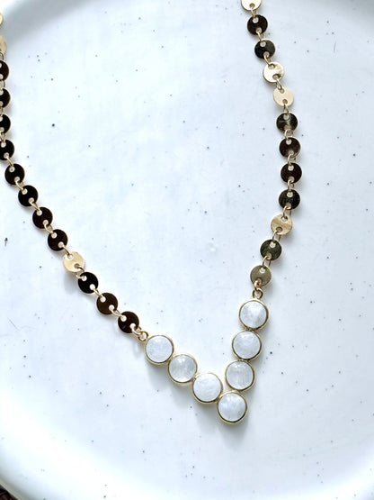 Rainbow Moonstone + Gold V-Shaped Sequin Necklace