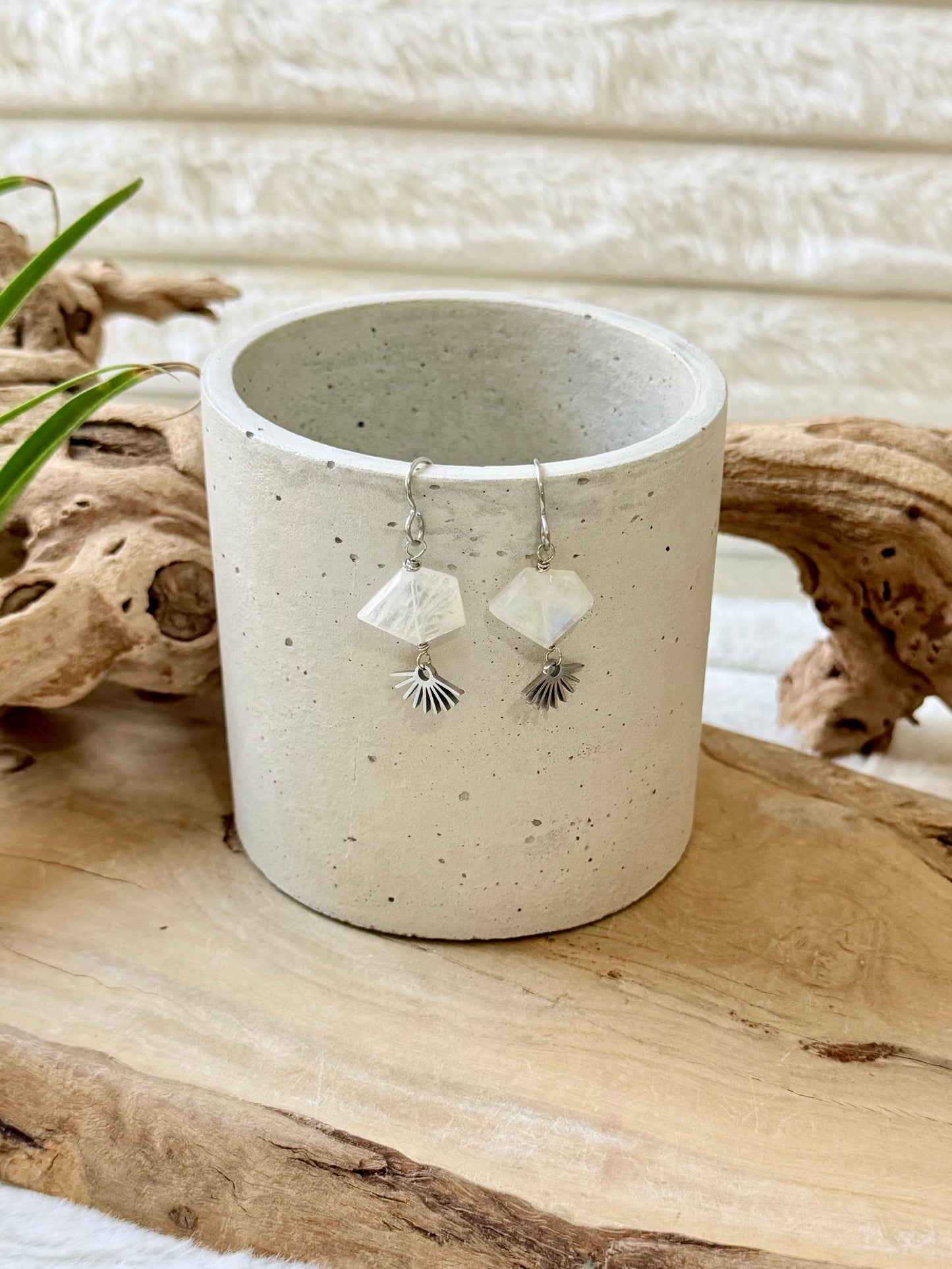 Rainbow Moonstone + Silver Sun Burst Earrings