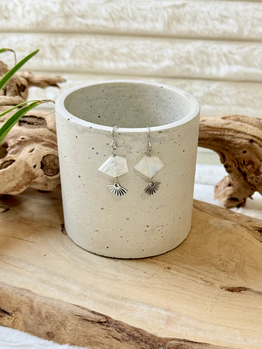 Rainbow Moonstone + Silver Sun Burst Earrings