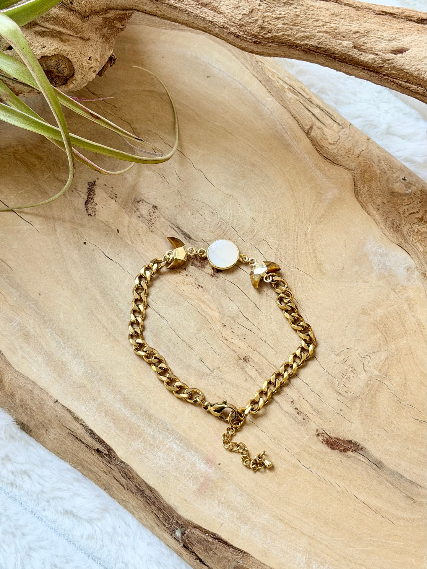 Mother of Pearl + Tiger Eye Gold Moon Bracelet