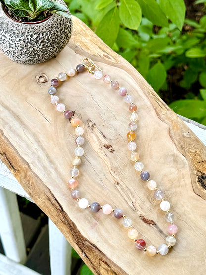 Mozambique Agate + Gold Beaded Necklace