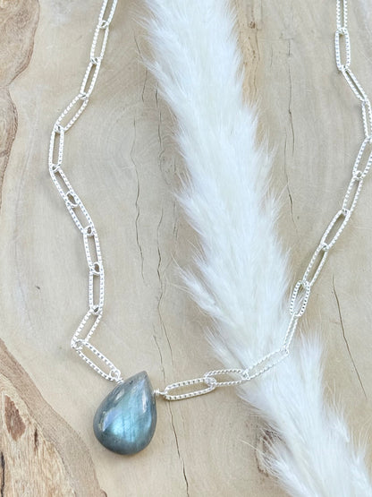 Labradorite Pendant + Silver Paperclip Necklace