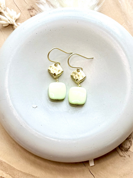 Lemon Chrysoprase + Matte Gold Diamond Earrings