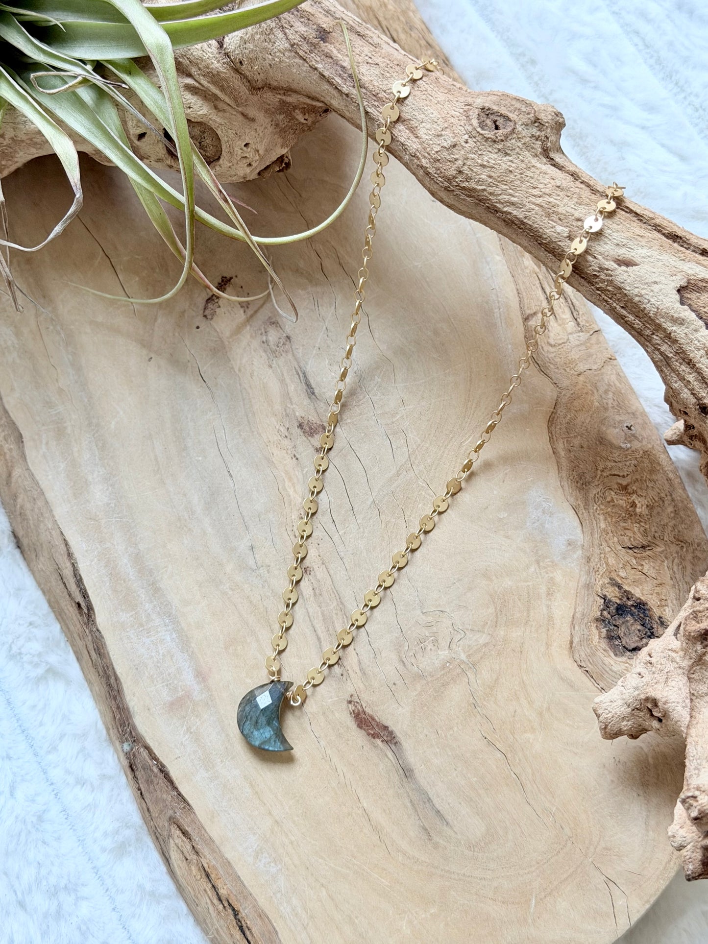 Labradorite + Matte Gold Moon Necklace