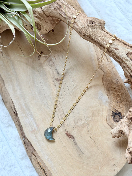 Labradorite + Matte Gold Moon Necklace