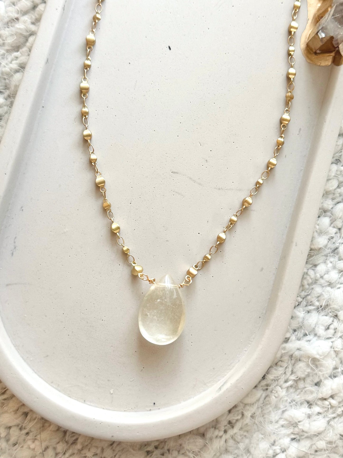 Golden Quartz + Matte Gold Pendant Necklace