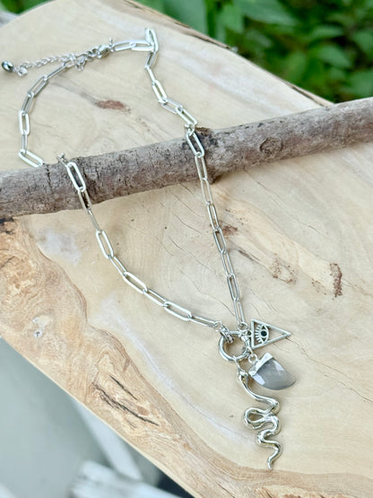 Gray Moonstone + Silver Carabiner Charm Necklace