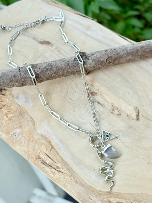 Gray Moonstone + Silver Carabiner Charm Necklace