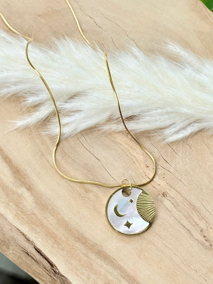 Mother of Pearl + Gold Stainless Steel Moon Pendant Necklace