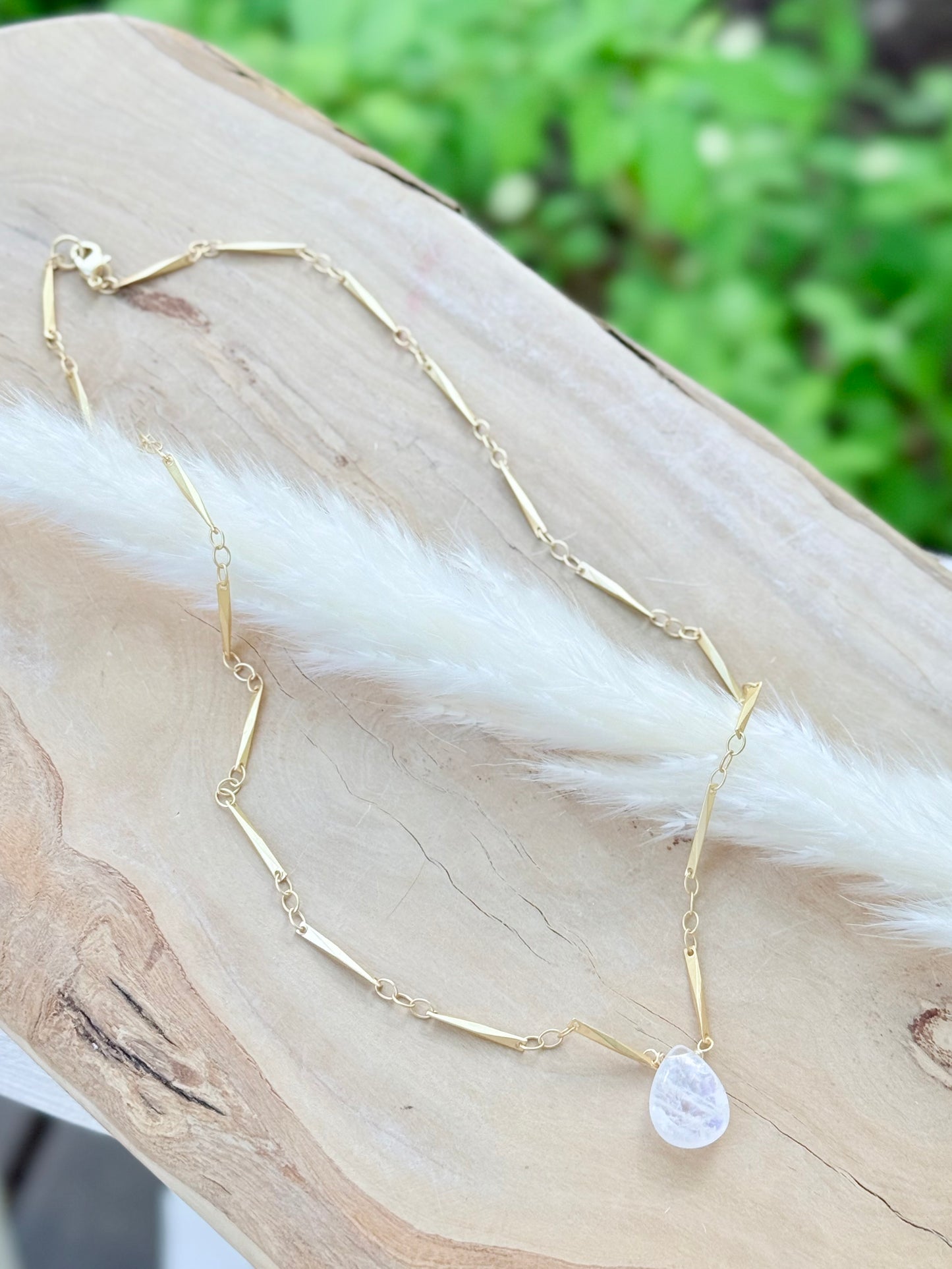 Rainbow Moonstone + Matte Gold Stick Necklace