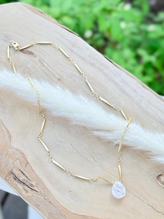 Rainbow Moonstone + Matte Gold Stick Necklace