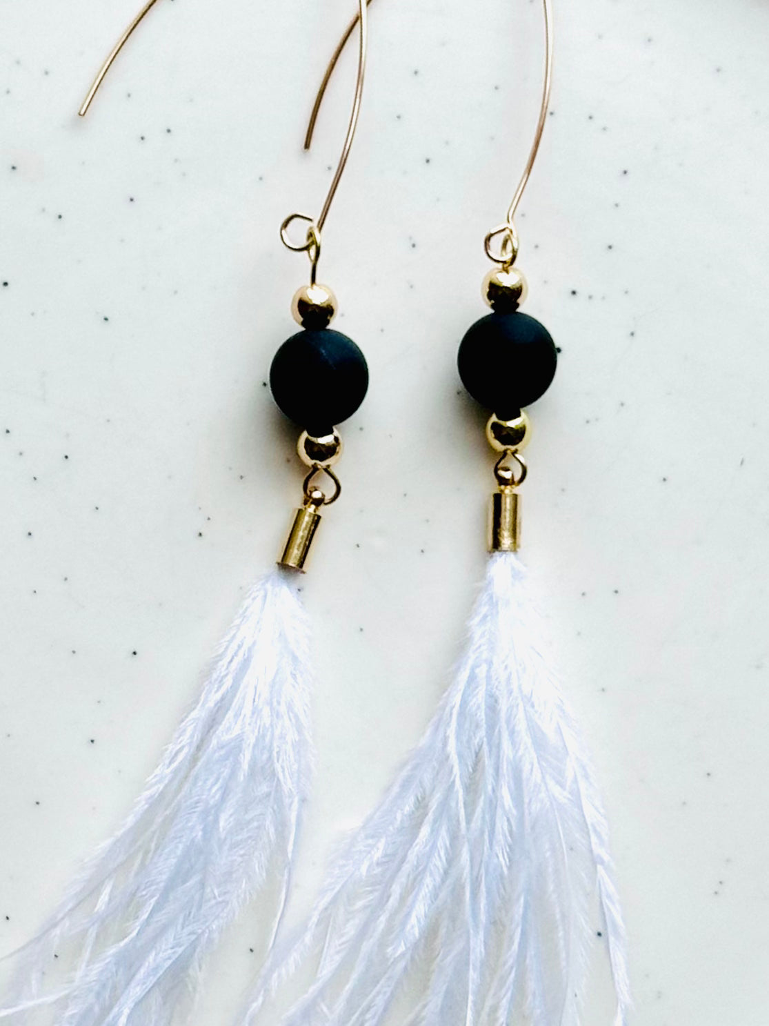 Matte Black Onyx + Gold White Feather Earrings
