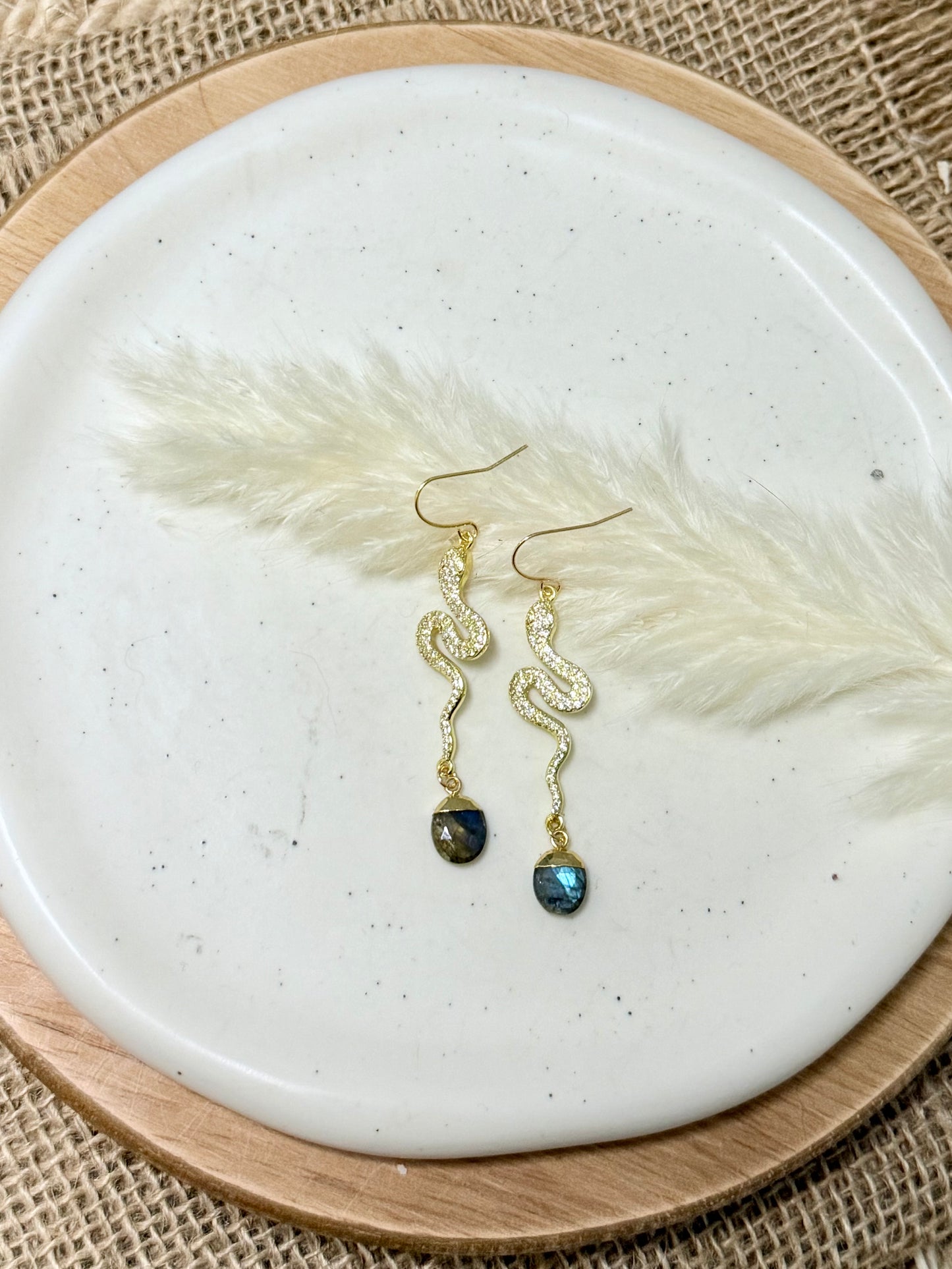 Labradorite + Gold Crystal Snake Earrings