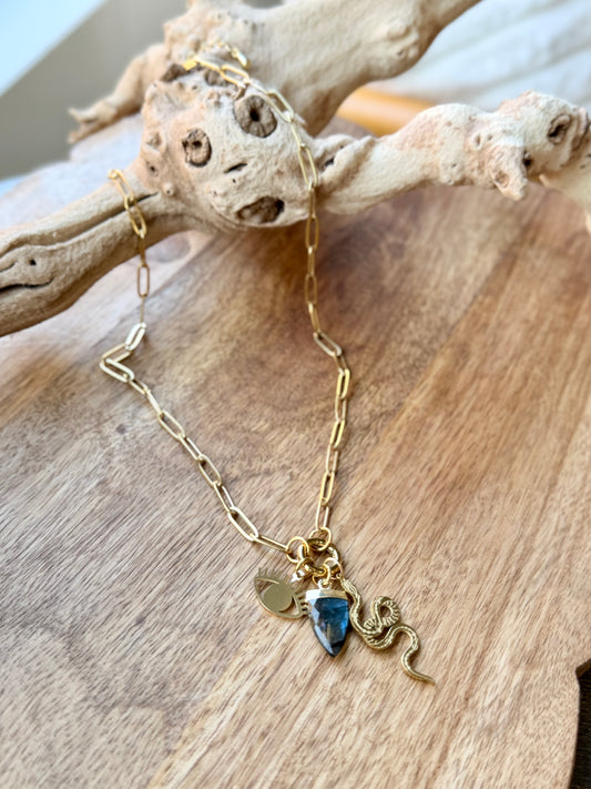 Labradorite + Gold Stainless Steel Carabiner Charm Necklace