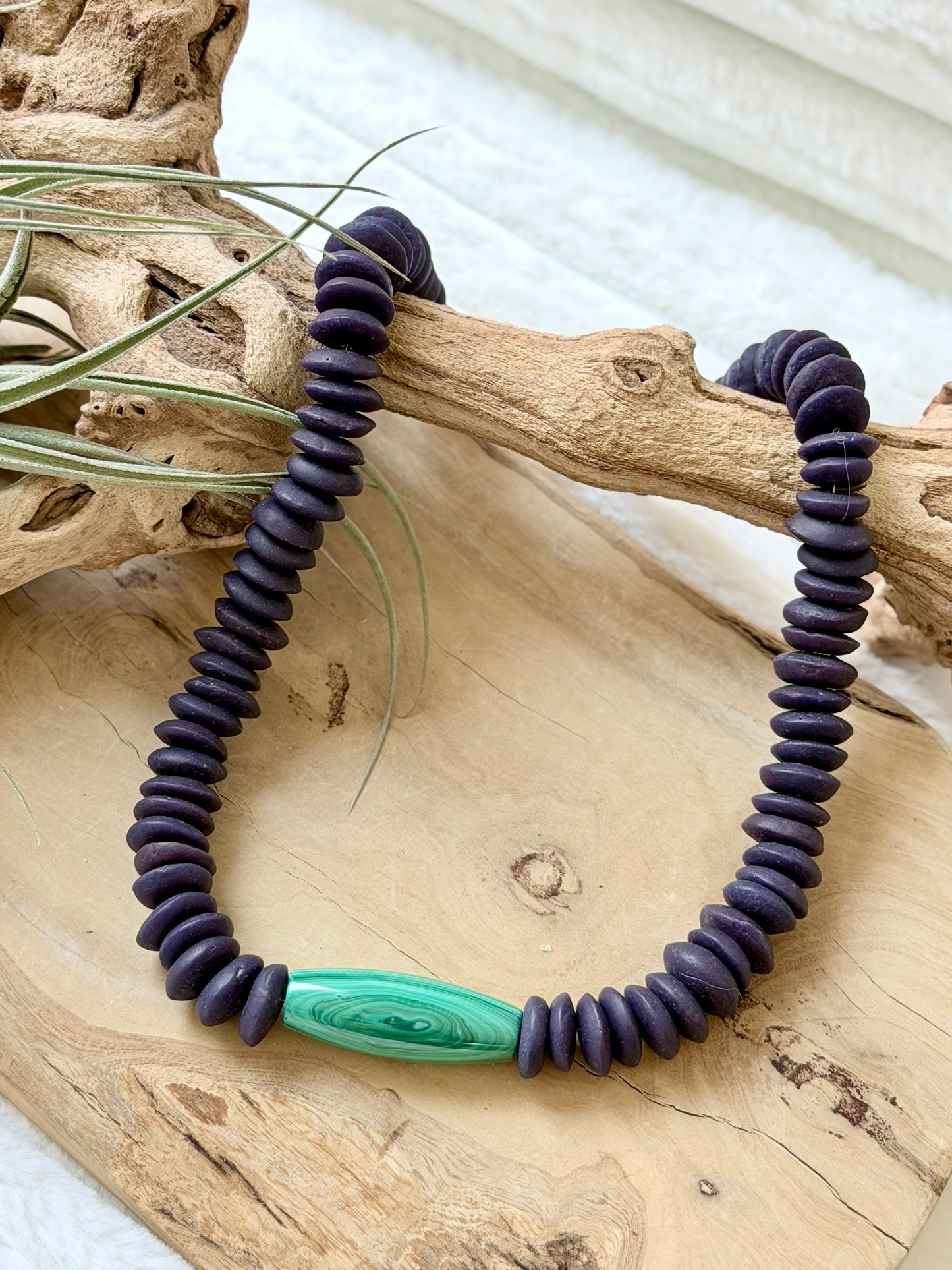 Malachite + Dark Purple African Glass Chunky Necklace