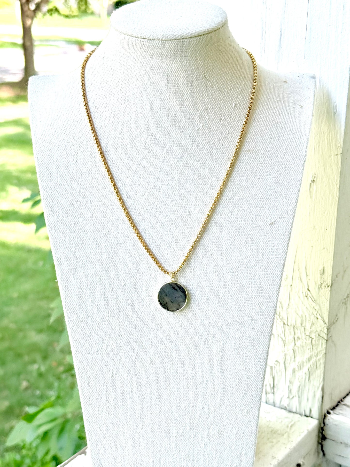 Labradorite + Gold Circle Pendant Necklace