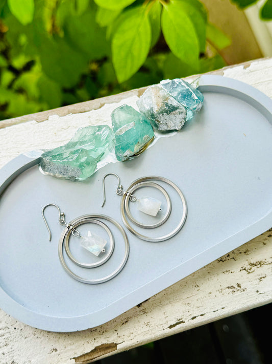 Rainbow Moonstone + Matte Silver Double Circle Earrings