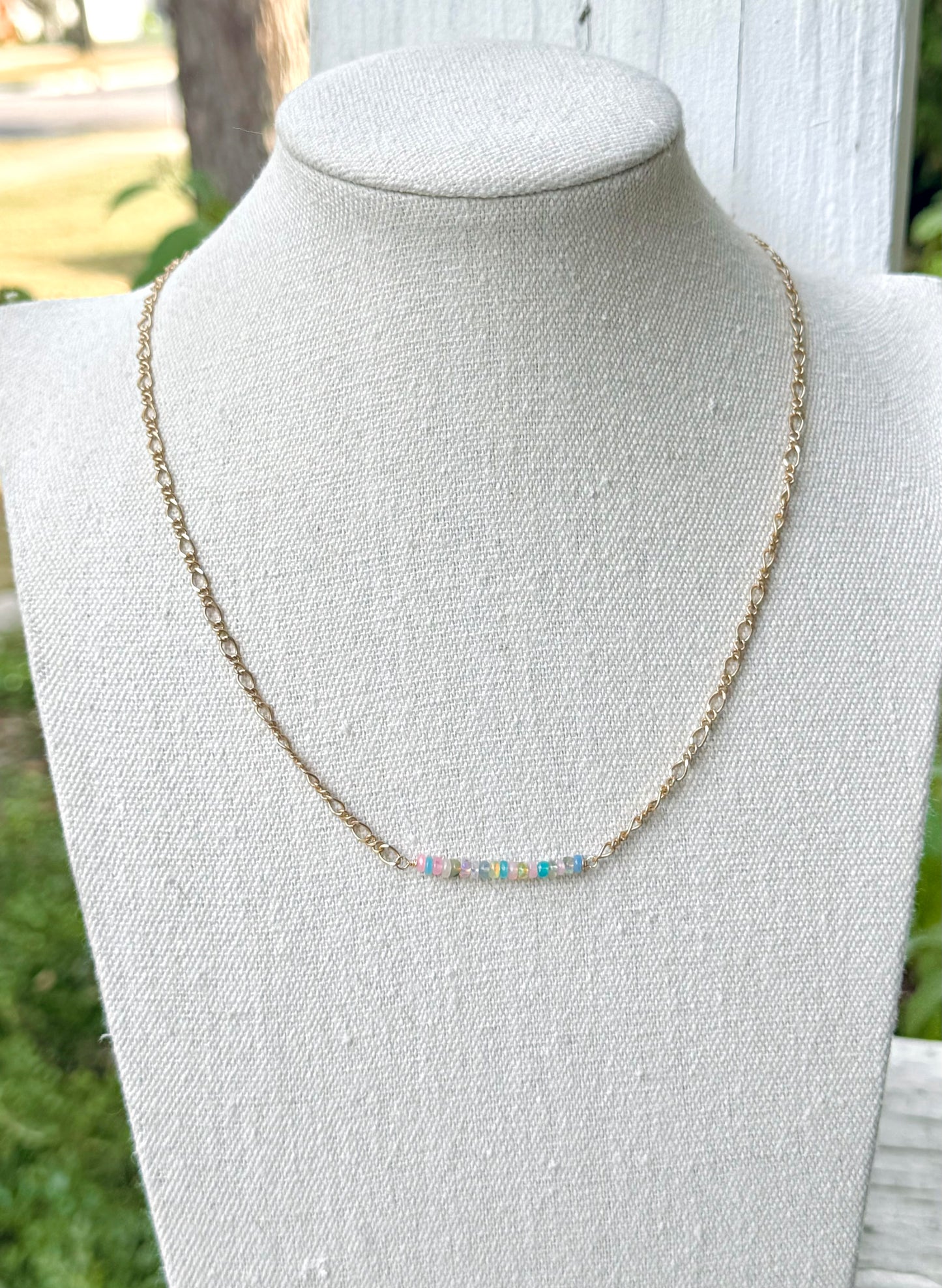 Rainbow Ethiopian Opal + Matte Gold Chain Mini Bar Necklace