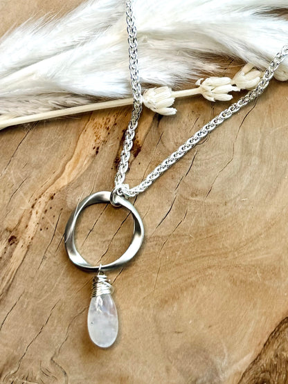 Rainbow Moonstone + Silver Eternity Necklace