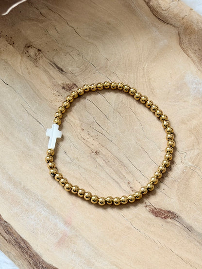 Shell + Gold Stainless Steel Cross Bracelet