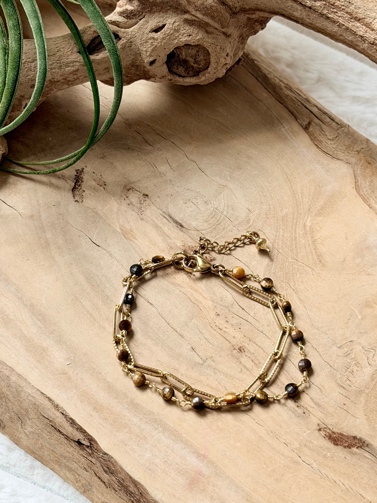 Tiger Eye + Gold Stainless Steel Duet Bracelet