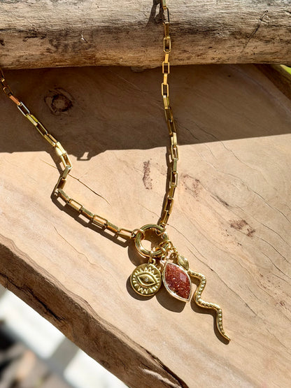 Goldstone + Gold Stainless Steel Carabiner Charm Necklace