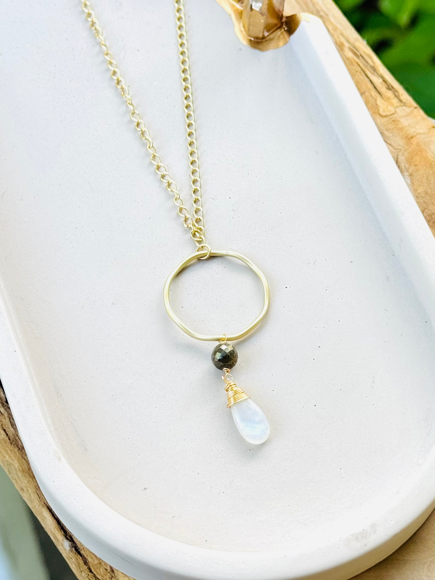 Pyrite + Moonstone Matte Gold Circle Necklace