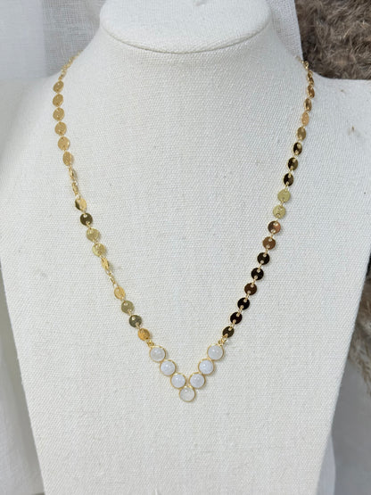 Rainbow Moonstone + Gold V-Shaped Sequin Necklace