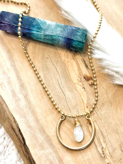 Rainbow Moonstone + Matte Gold Horseshoe Necklace