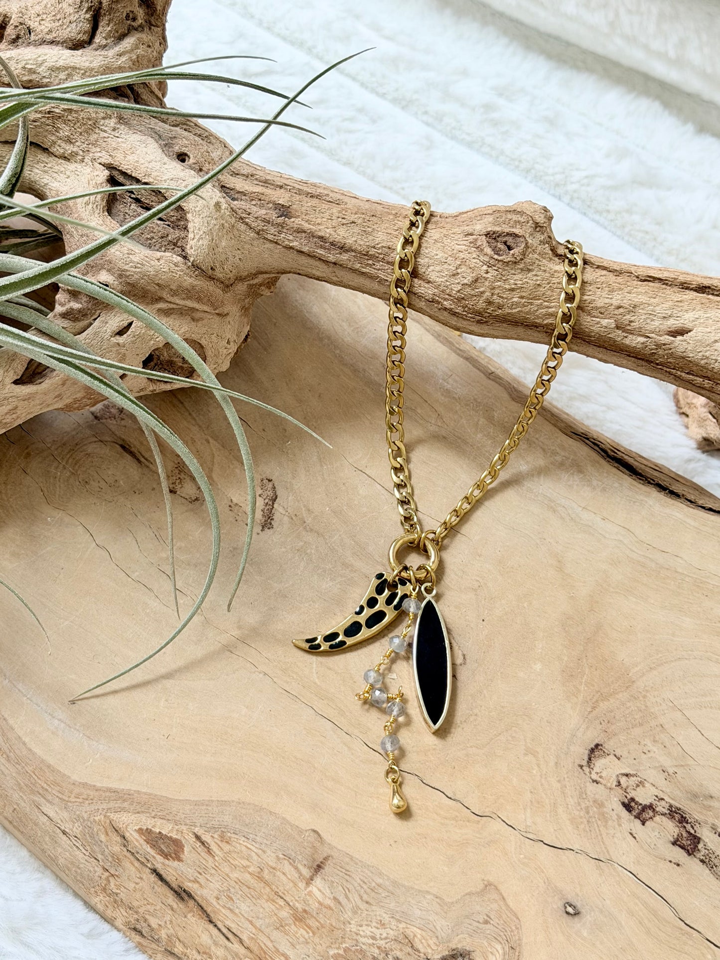Black Onyx + Labradorite Gold Carabiner Charm Necklace