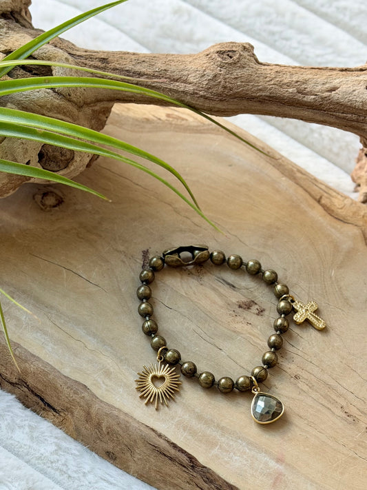 Pyrite + Brass Ball Charm Bracelet