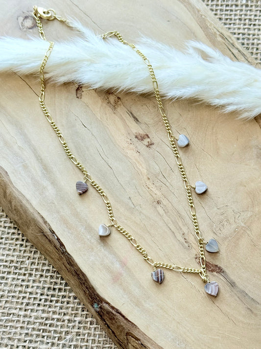 Botswana Agate Hearts + Matte Gold Necklace