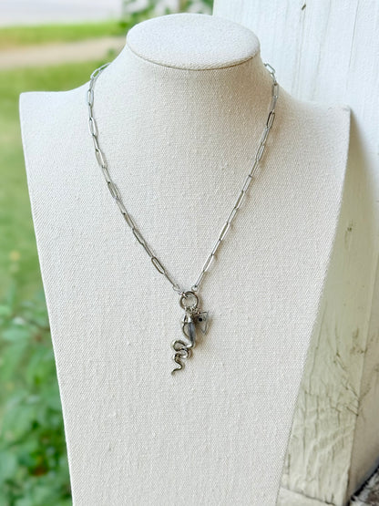 Gray Moonstone + Silver Carabiner Charm Necklace
