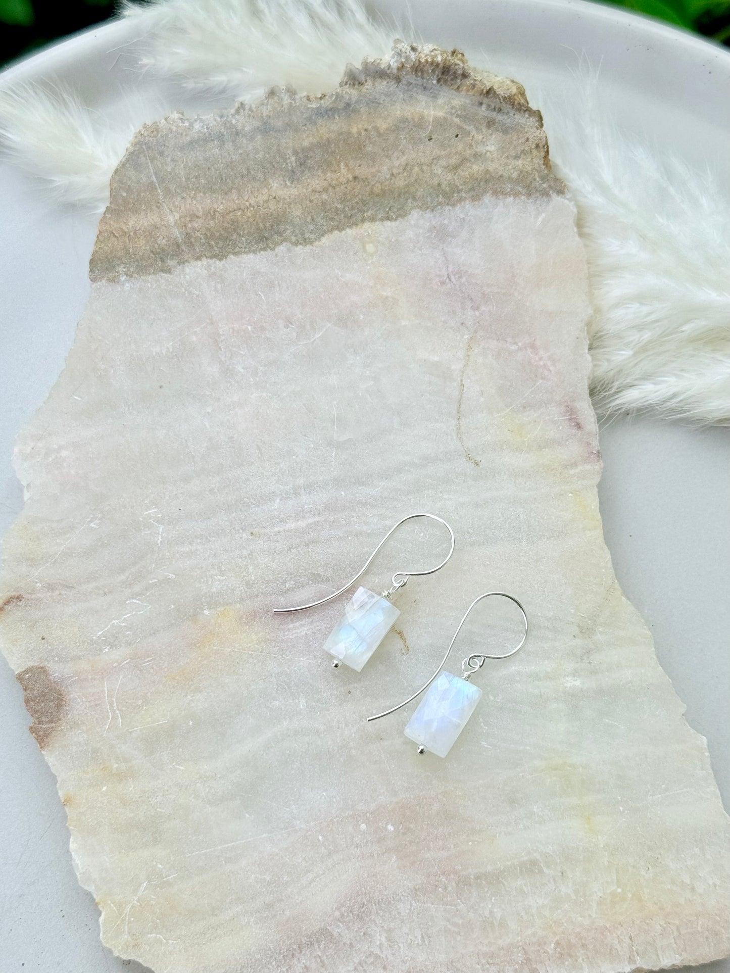 Rectangle Rainbow Moonstone + Silver Earrings