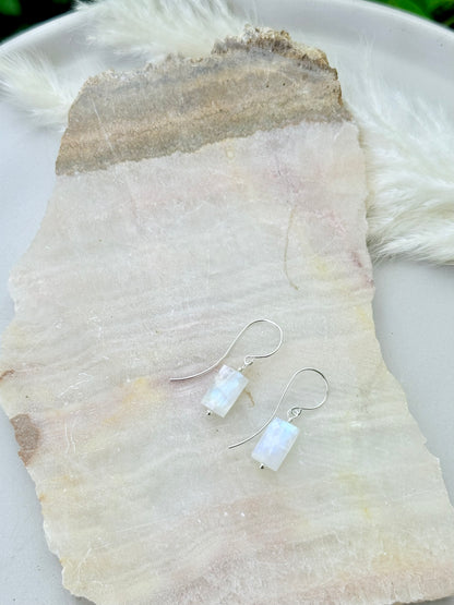Rectangle Rainbow Moonstone + Silver Earrings