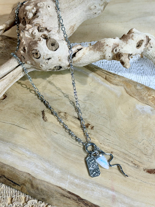 Rainbow Moonstone + Silver Carabiner Charm Necklace