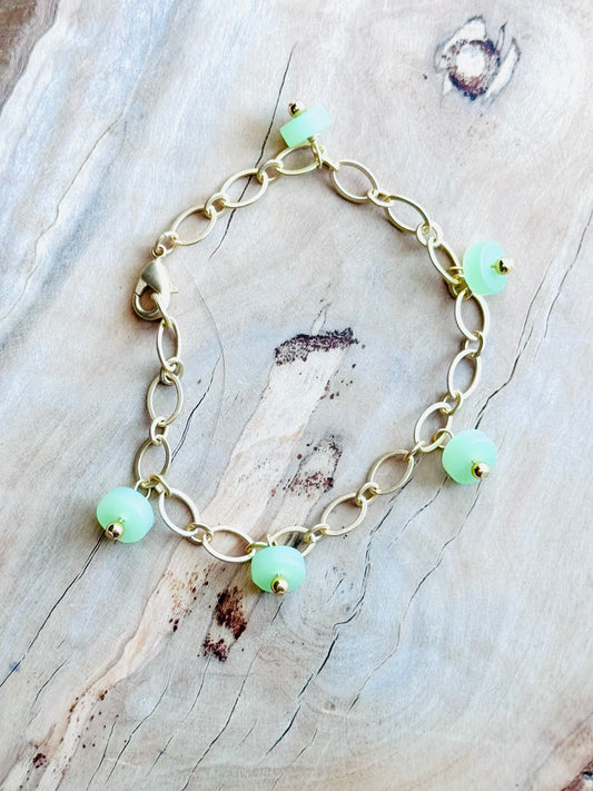 Green Sea Glass + Matte Gold Chain Bracelet
