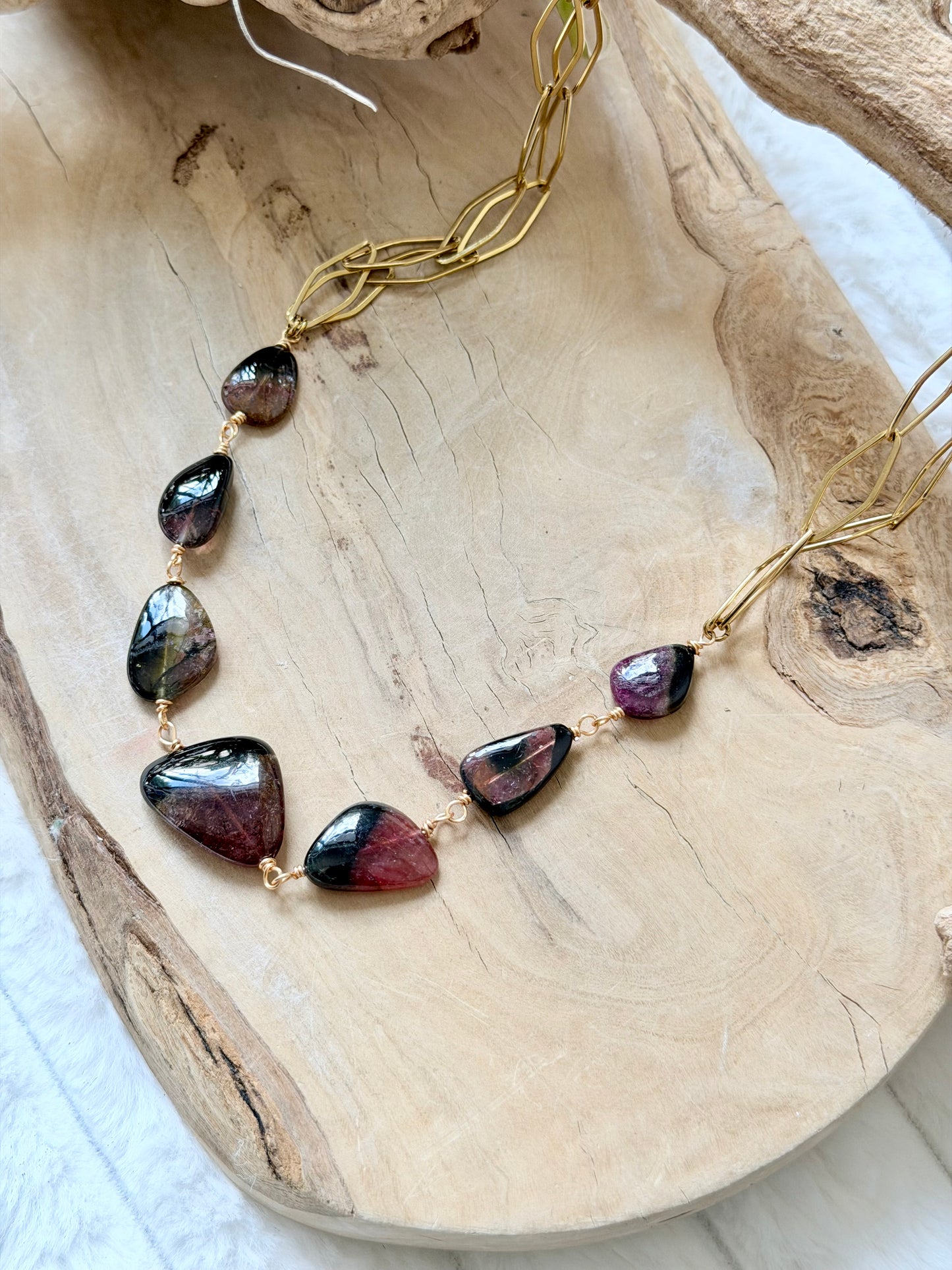 Luxe Bi-color Watermelon Tourmaline + Gold Stainless Steel Necklace