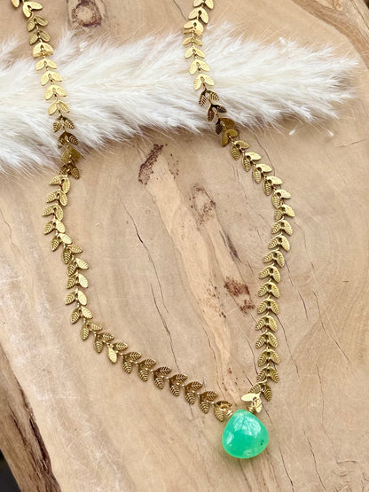 Chrysoprase Drop + Gold Leaf Necklace