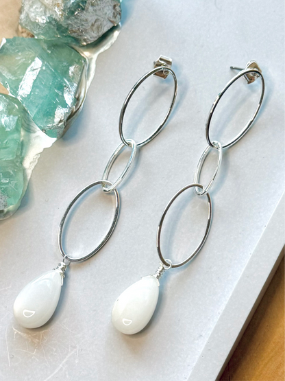 White Opal Teardrops + Silver Oval Earrings