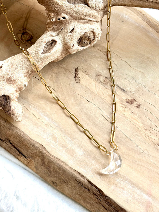 Clear Quartz Moon + Gold Stainless Steel Necklace