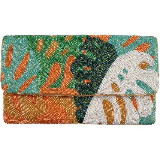 Beaded Clutch: Peach + Green Monstera Leaf
