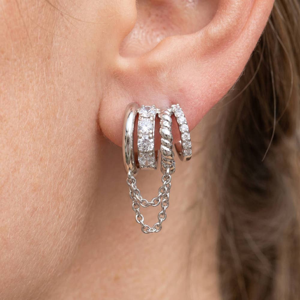 Stacked Zircon + Chain Triple Hoop Earrings