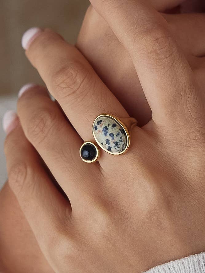 Dalmatian Jasper + Onyx Ring